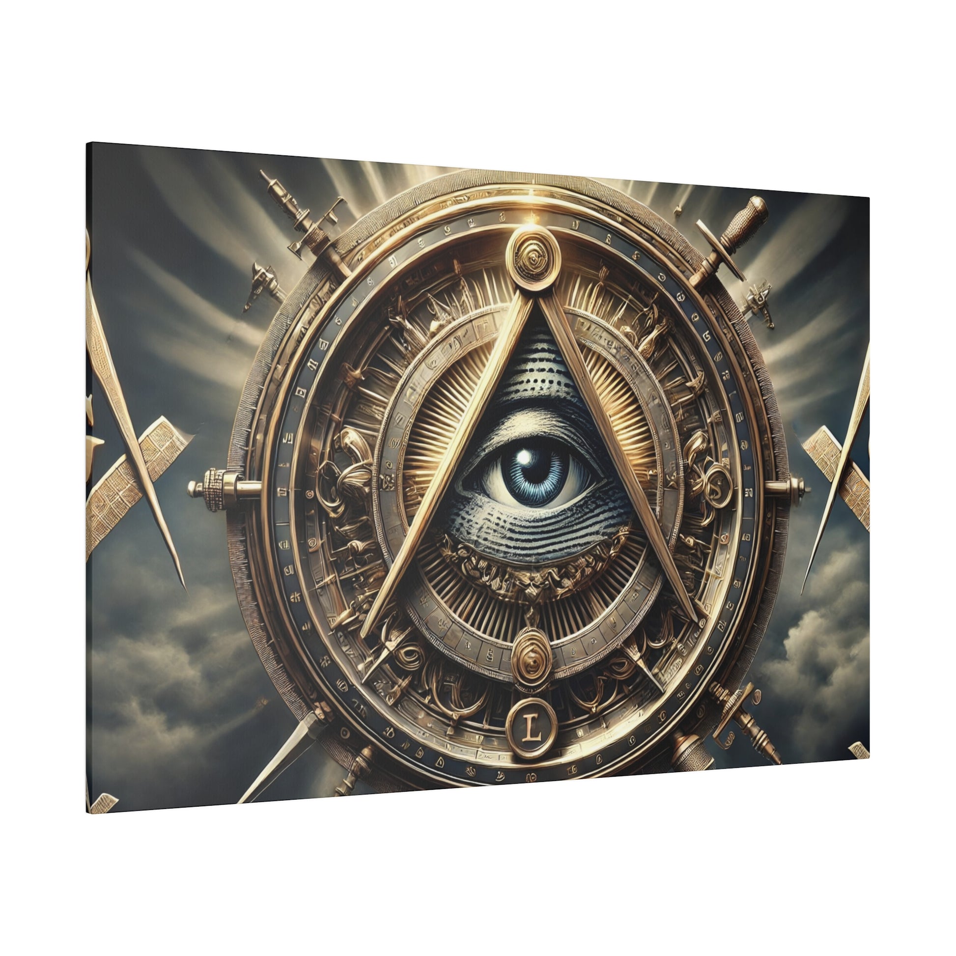 Ornate steampunk circular device with a blue eye inside a triangular frame at the center.