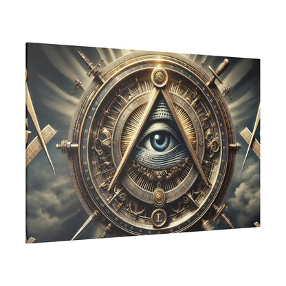 Ornate steampunk circular device with a blue eye inside a triangular frame at the center.