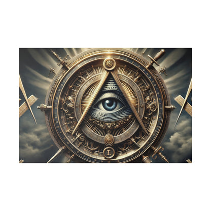 Bronze-toned circular mechanical device with gears and dials, featuring a blue eye centered inside a triangle.