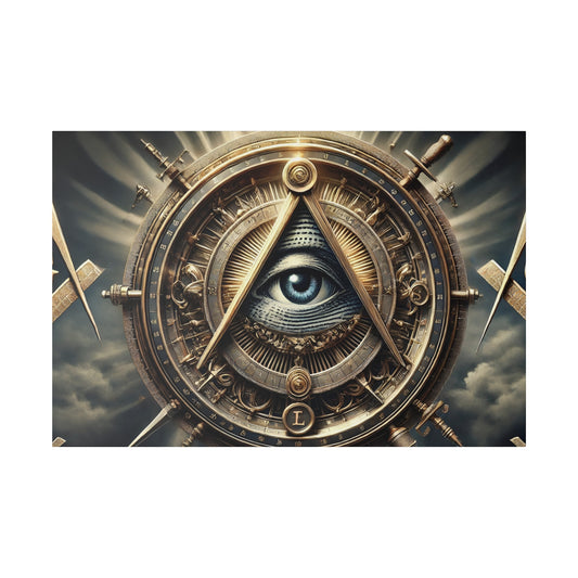 Bronze-toned circular mechanical device with gears and dials, featuring a blue eye centered inside a triangle.