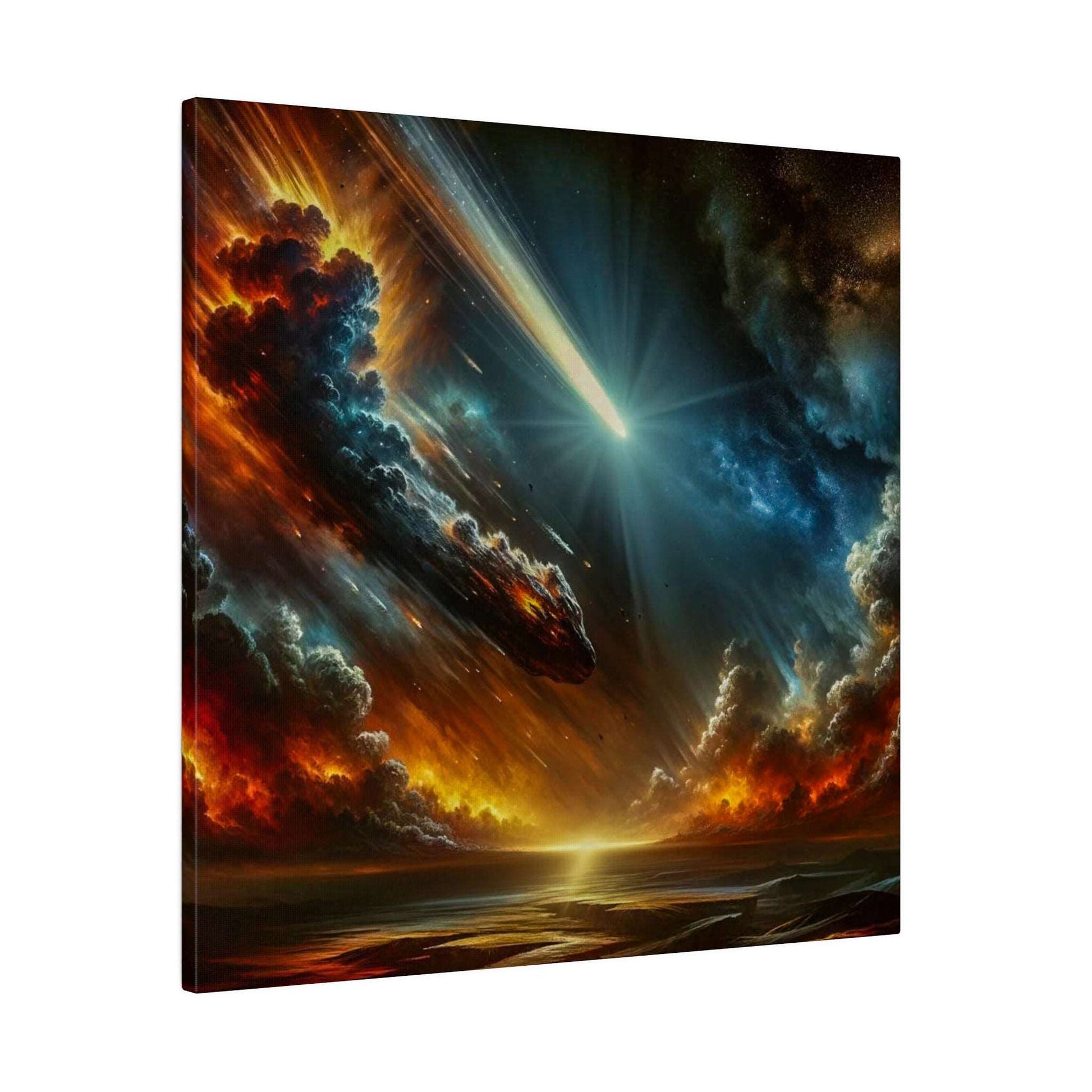 Vivid canvas art showing a bright meteor-like light streak through fiery orange clouds, over a glowing horizon and dark stormy skies.