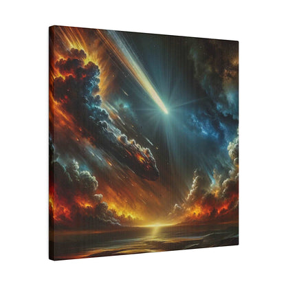 Canvas art depicts a bright comet streaking through colorful stormy clouds with a glowing horizon.
