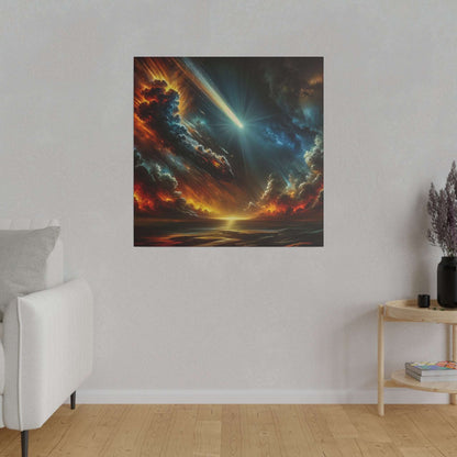 Square canvas wall art depicting a fiery apocalyptic sky with a bright meteor streaking over a dark, reflective sea.