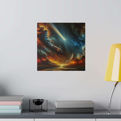 Square canvas art depicting a fiery meteor streaking through dramatic blue and orange storm clouds over a sunlit horizon.