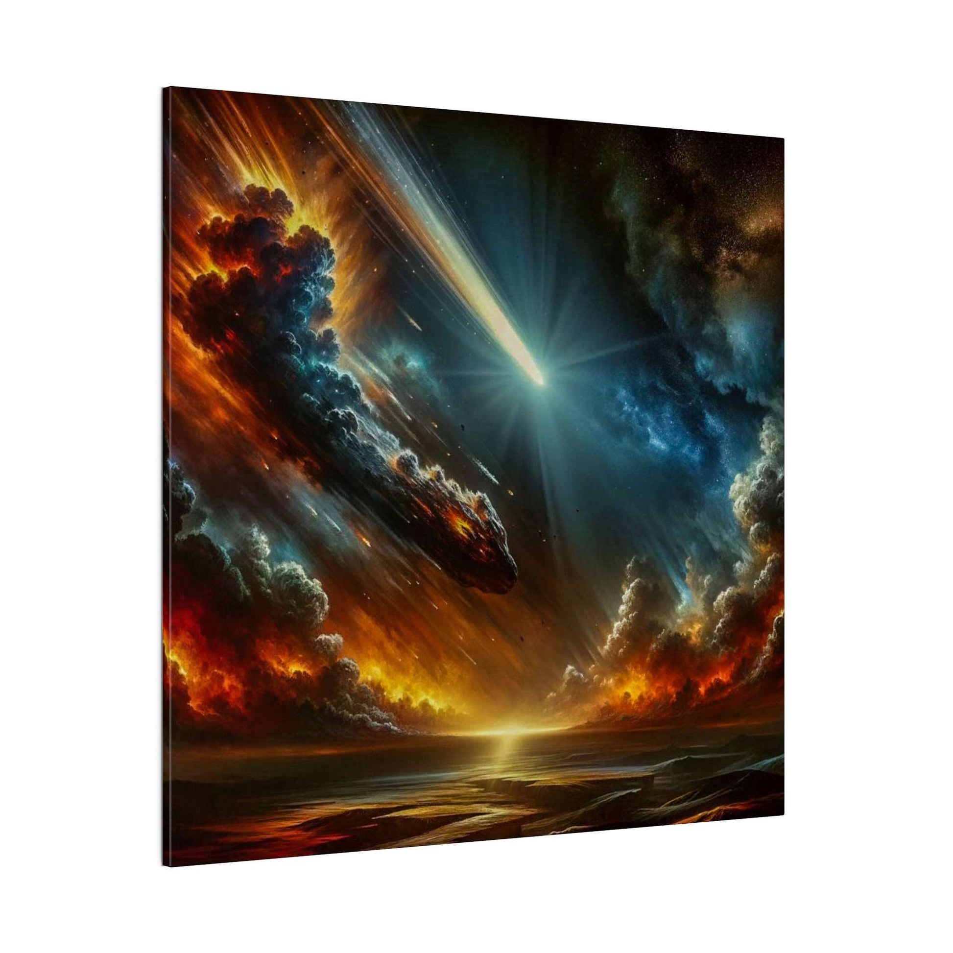 Vivid space scene with a bright comet streaking toward a fiery, cloud-filled horizon over water.