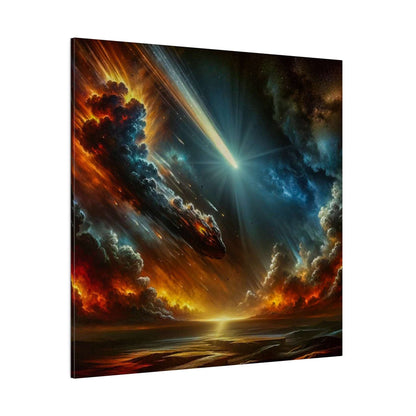 Vivid space scene with a bright comet streaking toward a fiery, cloud-filled horizon over water.