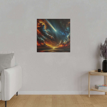 Square canvas print depicting a dramatic sky with fiery orange and blue clouds, a bright meteor streaking across a dark horizon.