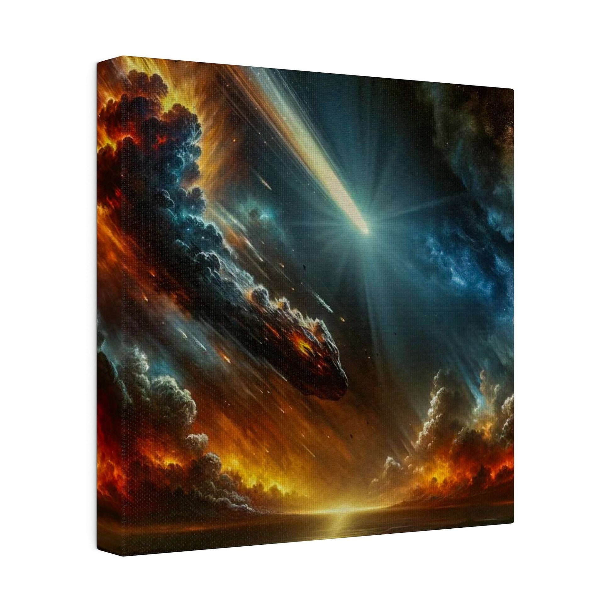 Canvas artwork of a bright meteor streaking through a fiery, stormy sky with orange, blue, and dark clouds.