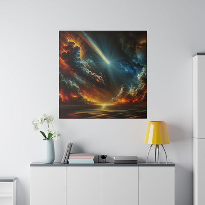 Square poster on a white wall shows a cosmic scene with fiery clouds, a blue comet streak, and a glowing horizon.