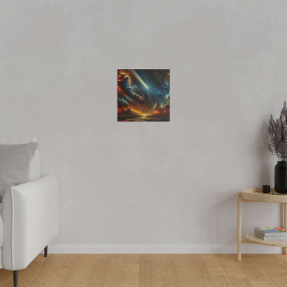 Small square canvas painting of a dramatic fiery sunset with a blue light beam on a light gray wall.