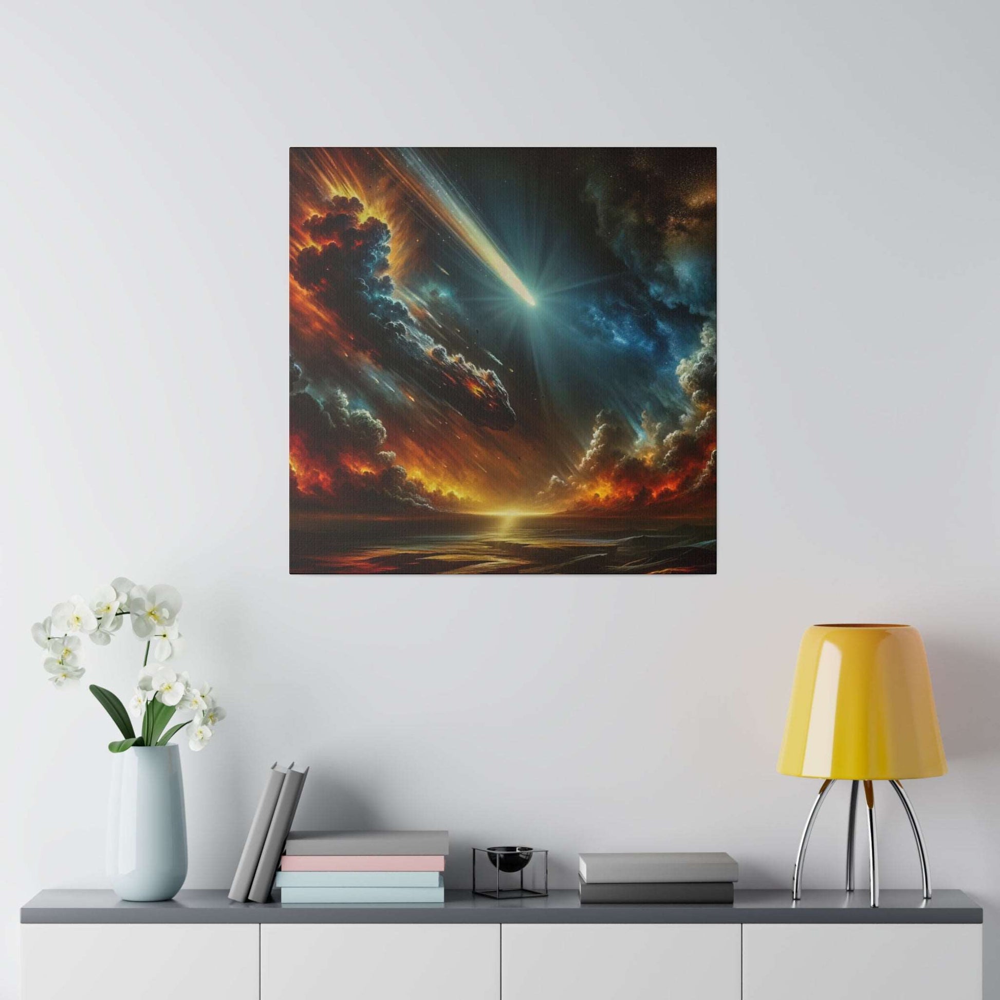 Square canvas art showing an apocalyptic sky with fiery orange clouds, a bright blue beam, and a glowing horizon over dark waters.