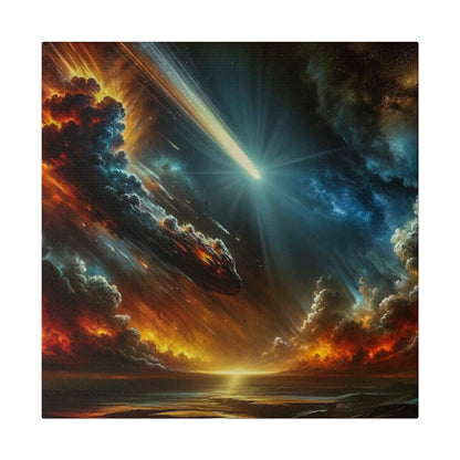 A dramatic space painting shows a bright comet-like streak piercing a fiery, smoky sky above a calm ocean horizon.