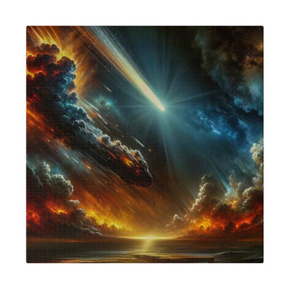 Canvas art of a space battle with fiery orange and blue clouds, a fast object streaking, and a bright beam over a glowing horizon.