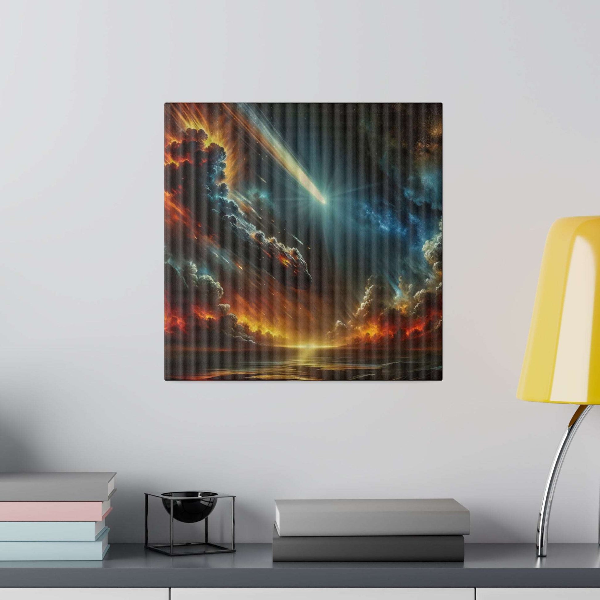 Square canvas print showing a dramatic sky with fiery orange-red clouds, a bright meteor streak, and a glowing beam over a dark sea.