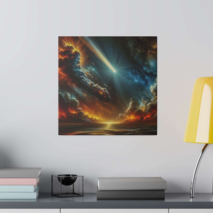 Square canvas print showing a dramatic sky with fiery orange-red clouds, a bright meteor streak, and a glowing beam over a dark sea.