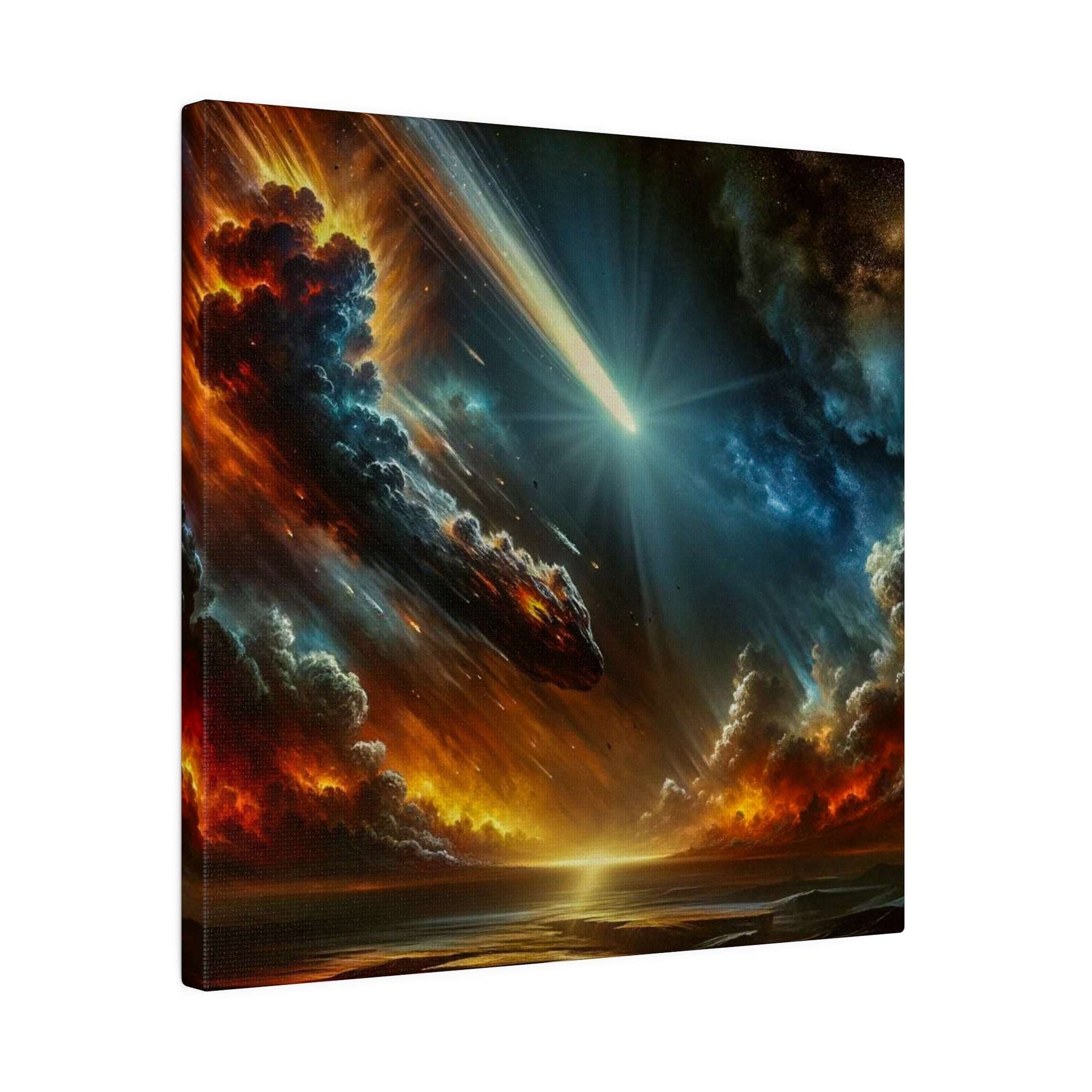 Canvas art depicting a fiery space scene with orange and blue clouds, a bright comet streaking across, and a glowing horizon.