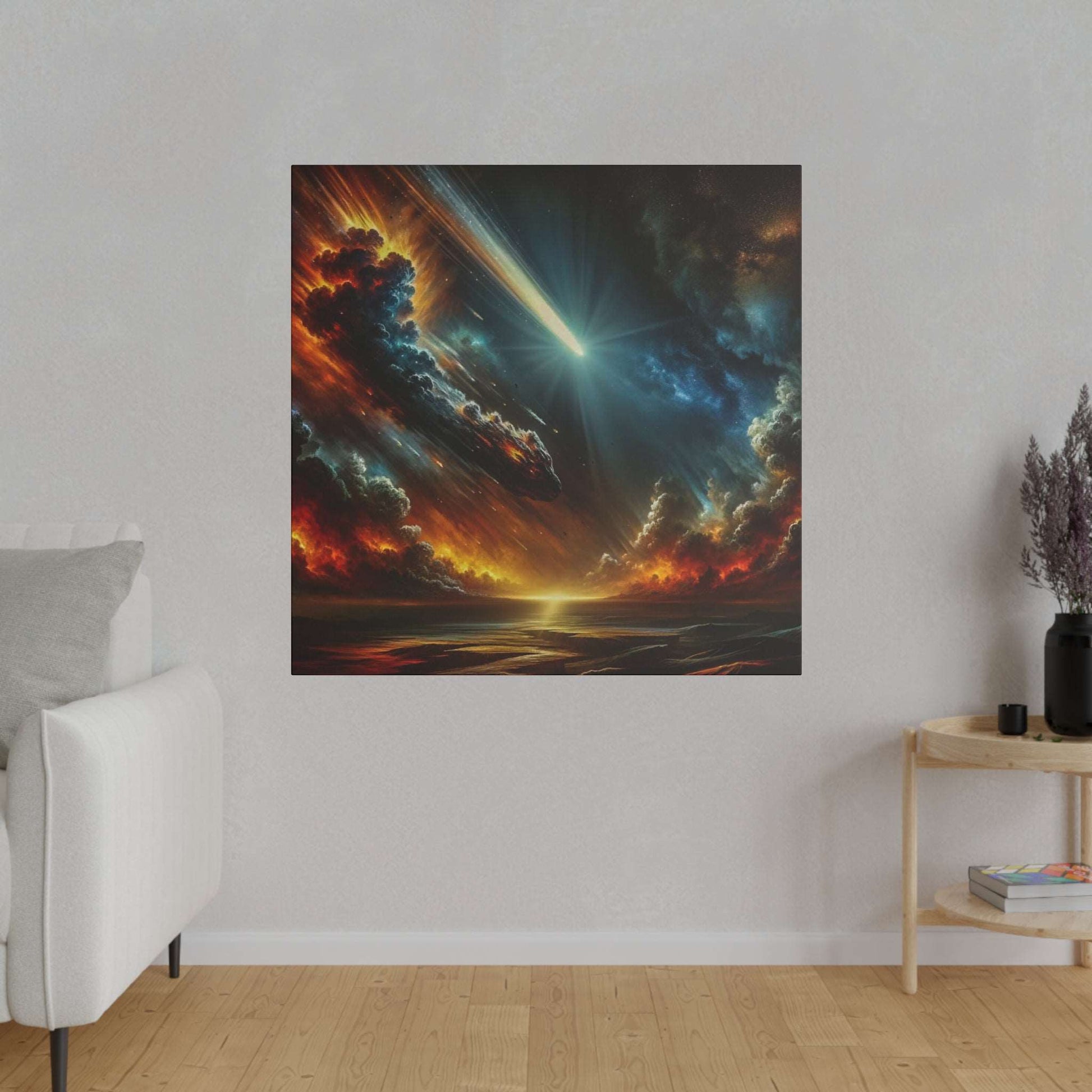 Square canvas art showing a meteor streaking through fiery storm clouds with a blue light, over a glowing sunset horizon.