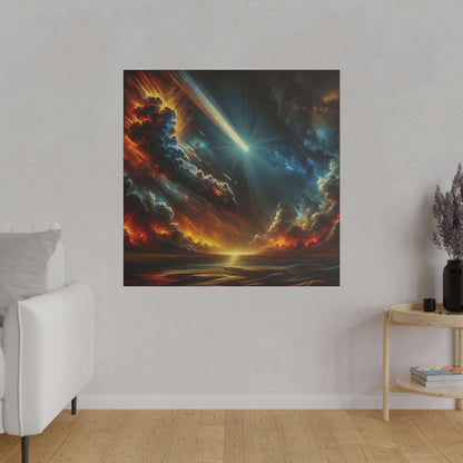 Square canvas art showing a meteor streaking through fiery storm clouds with a blue light, over a glowing sunset horizon.