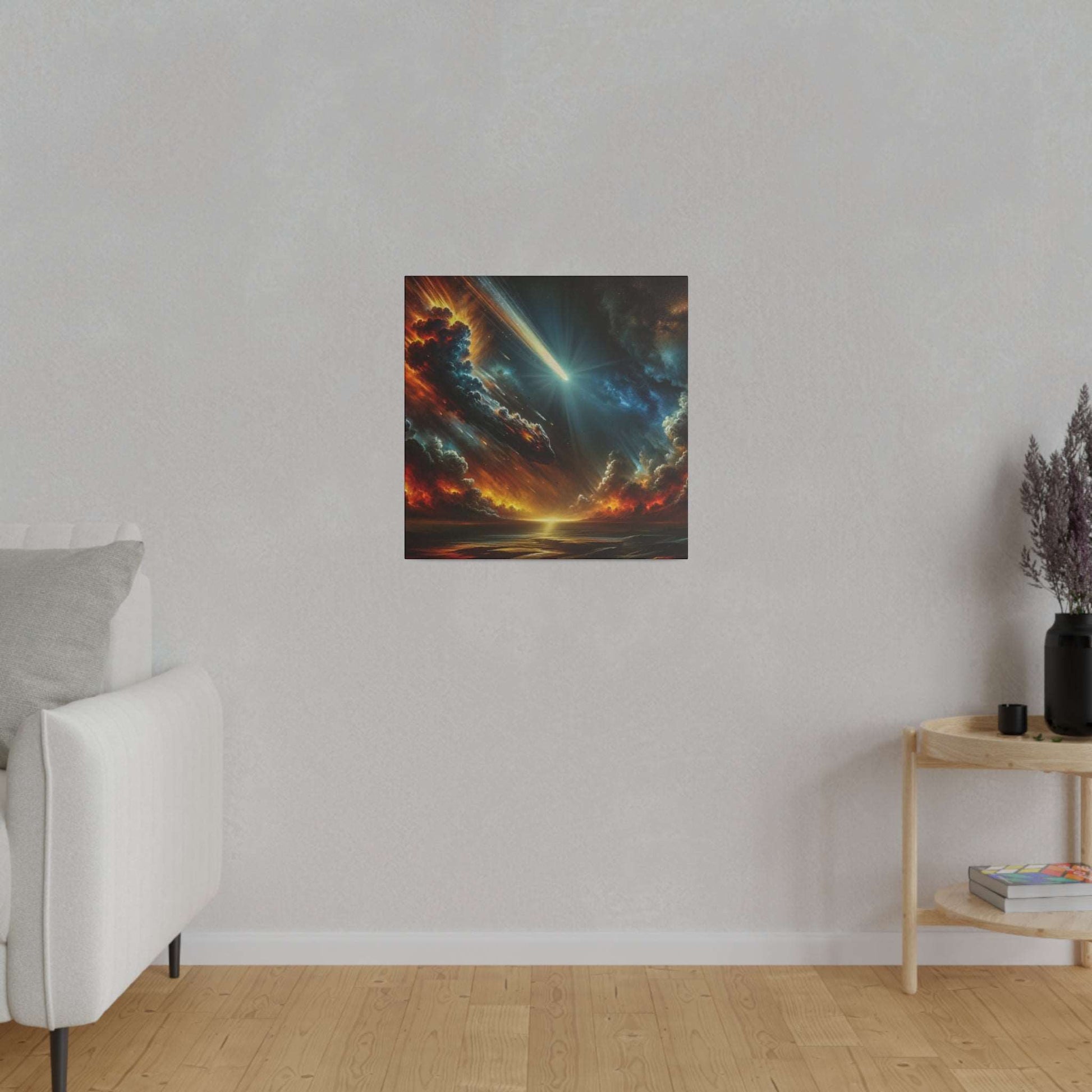 Square canvas wall art depicting a dramatic space scene with a meteor streaking through fiery clouds over a dark sea.