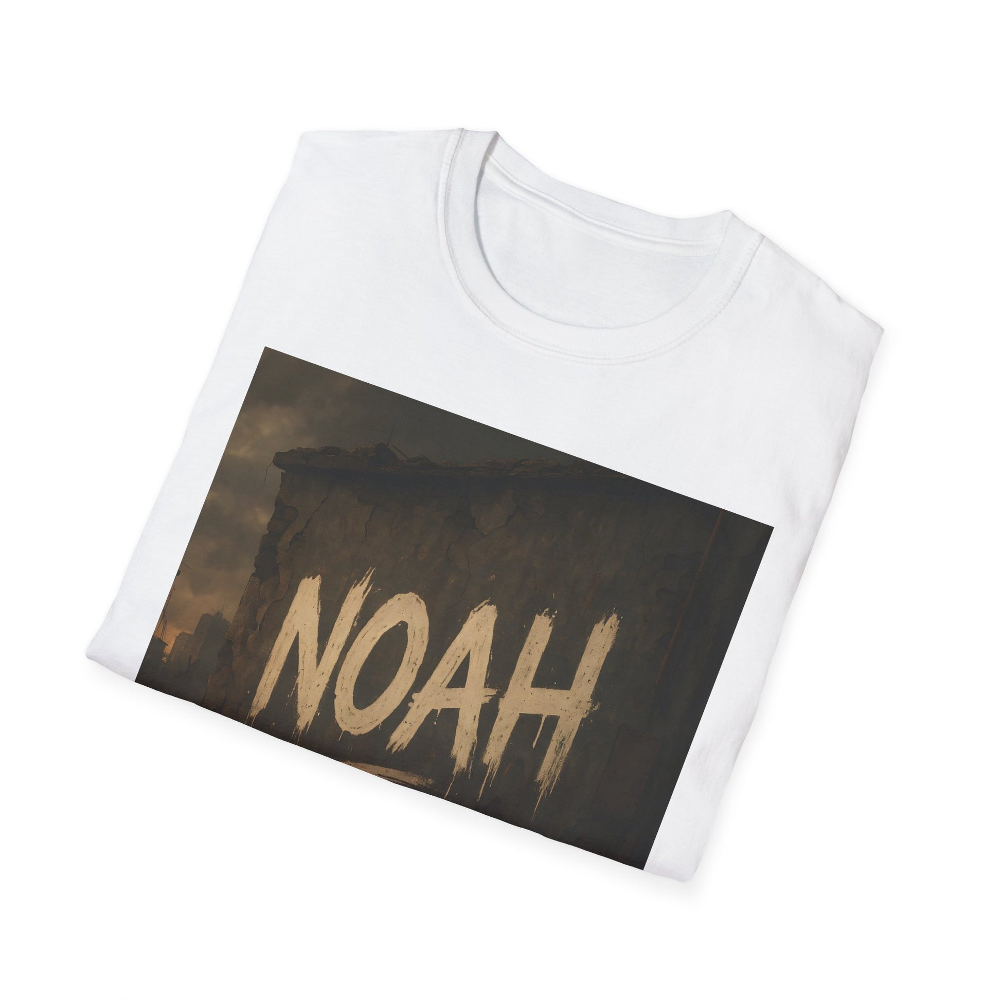 White crewneck T-shirt with a rectangular graphic showing a dark wall and beige brush-stroke letters spelling NOAH.