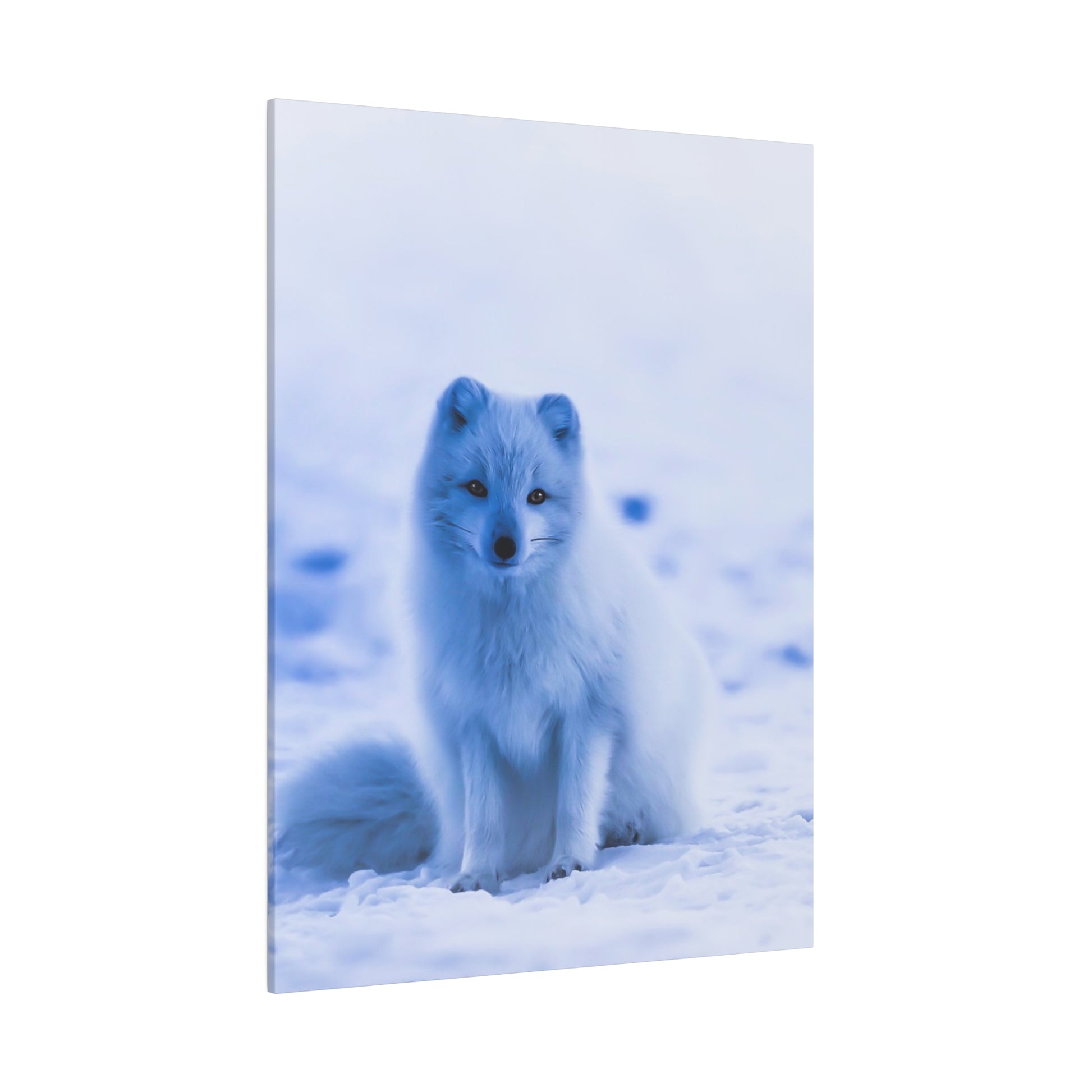 Portrait of an Arctic fox with bright white fur sitting in the middle of a snow-covered landscape, looking alert.