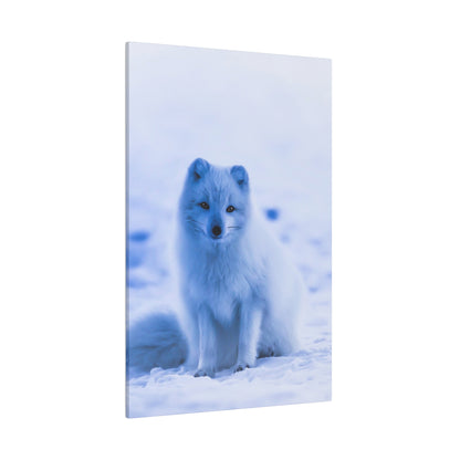 White Arctic fox sitting in snowy landscape, facing the camera with fluffy white fur.