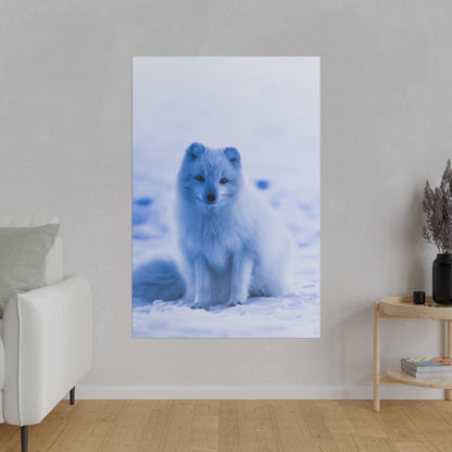 Vertical wall poster showing a white Arctic fox sitting in a snowy, blue-toned landscape.