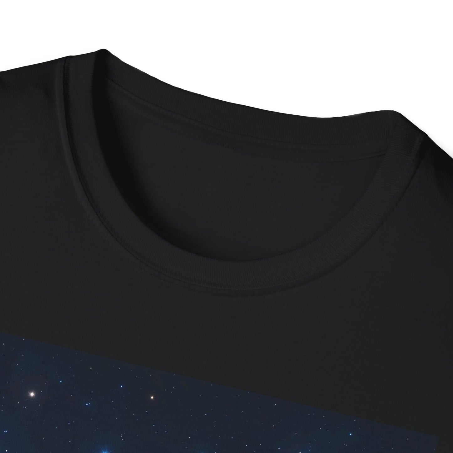 Close-up of a black crew-neck T-shirt with a blue starry space print along the bottom edge.