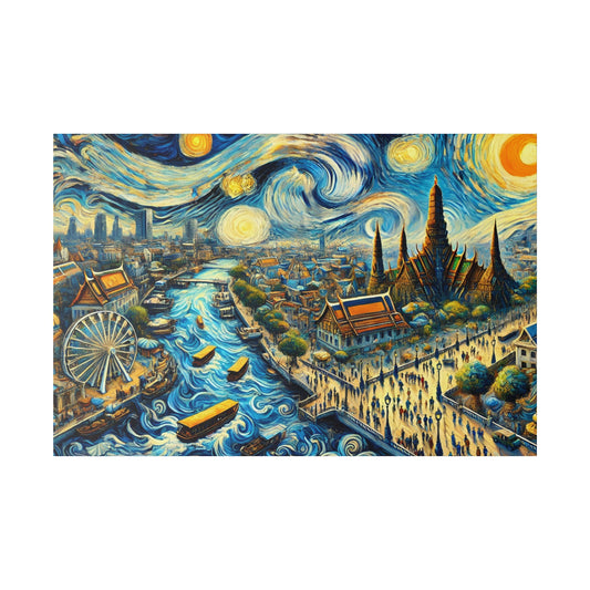 Colorful impressionist cityscape painting with a winding river, boats, pagodas, and a starry sky in blues and yellows.