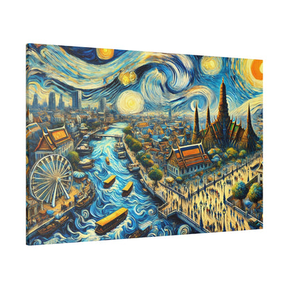 Colorful painting of a riverside city with boats along a swirling blue and yellow sky, ferris wheel and cathedral-like spires.