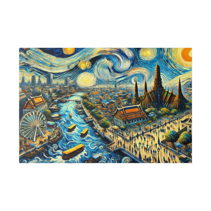 Colorful painting of a busy city with a winding river, boats, a ferris wheel, and swirling blue‑yellow skies.