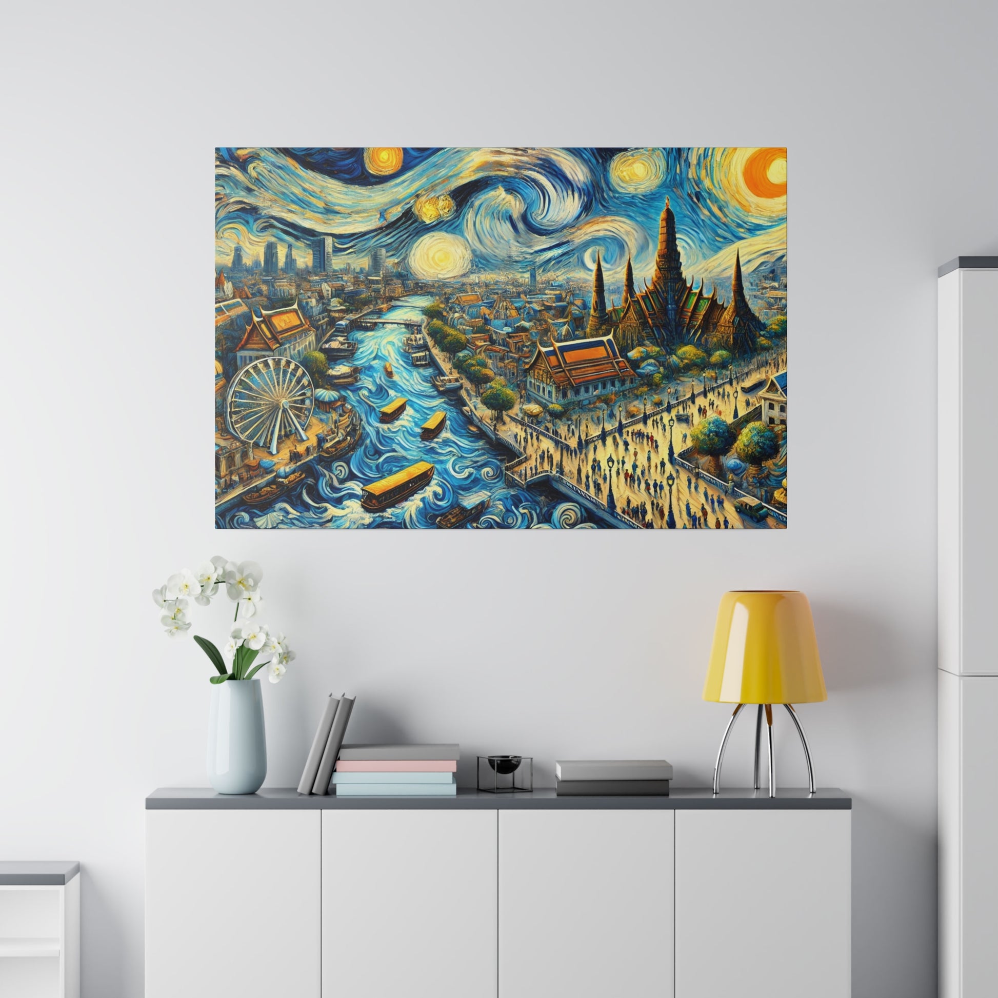 Colorful cityscape painting on a white wall, showing a swirling blue river with boats, a ferris wheel, and golden temple spires.