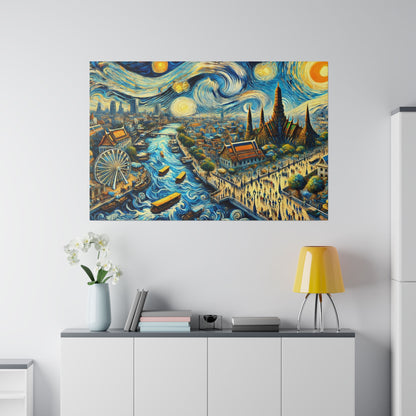 Colorful cityscape painting on a white wall, showing a swirling blue river with boats, a ferris wheel, and golden temple spires.