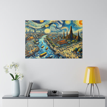 Colorful painting of a stylized cityscape with a winding river, boats, and a Ferris wheel, displayed on a white wall.
