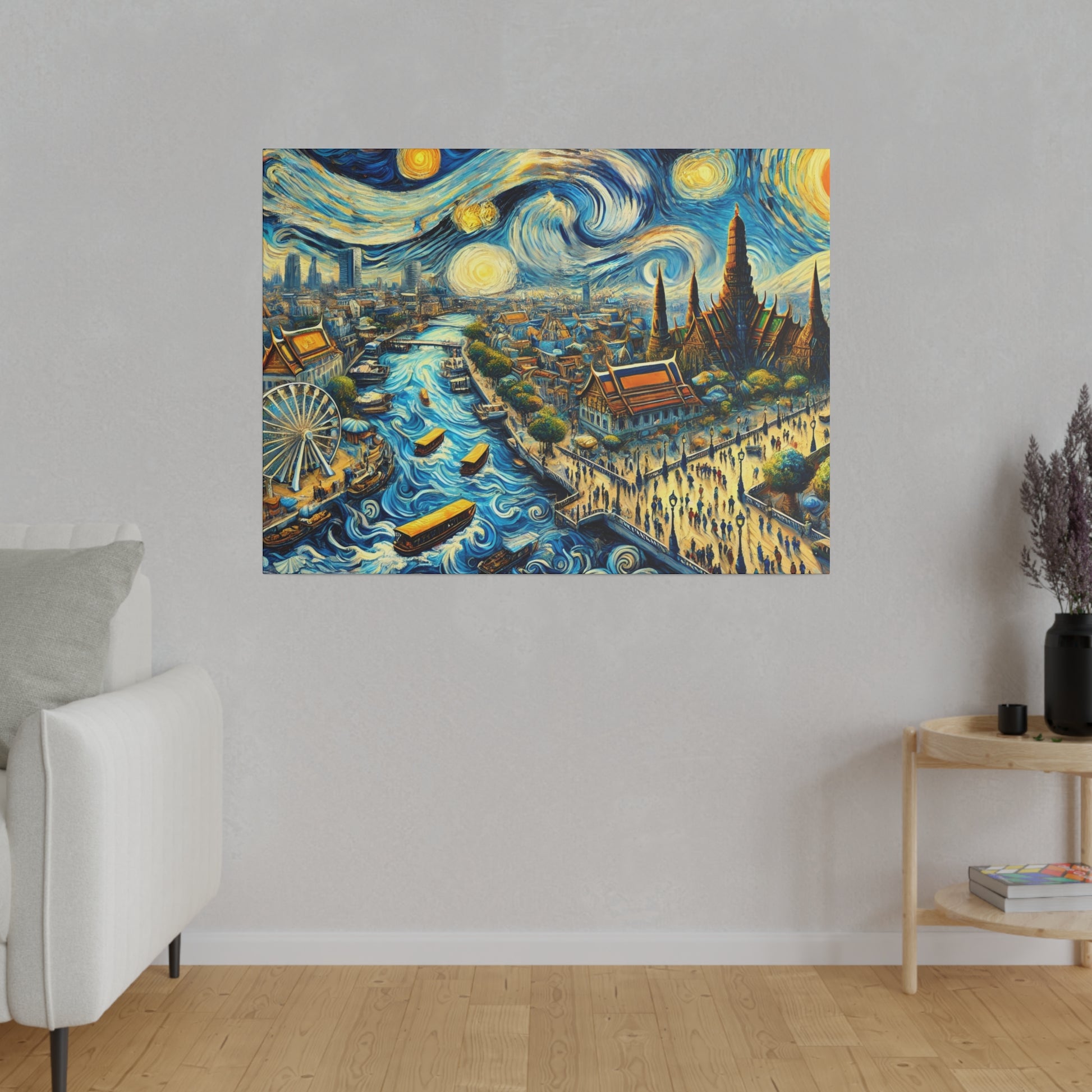 Colorful canvas on a gray wall depicting a swirling blue-yellow cityscape with a river, boats, and crowds.
