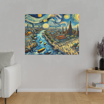Colorful canvas on a gray wall depicting a swirling blue-yellow cityscape with a river, boats, and crowds.
