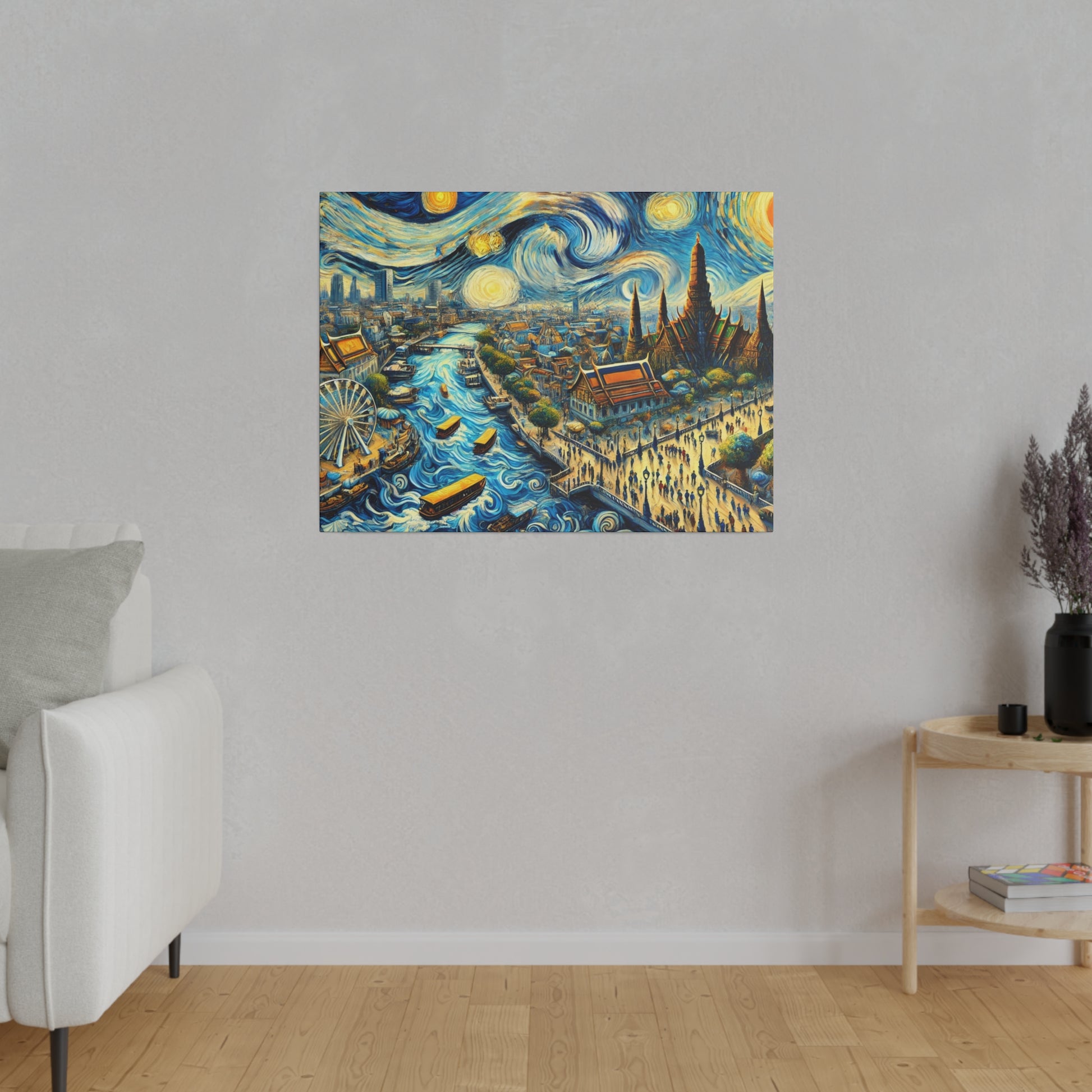 Colorful painting on a gray wall depicting a bustling city with a winding blue river, boats, and crowds.