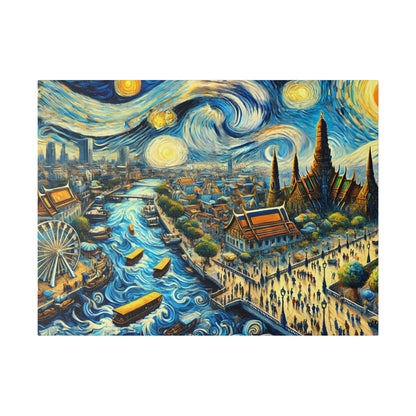 Colorful painting of a bustling city with a winding blue river, boats, a ferris wheel, and a starry, swirling sky.