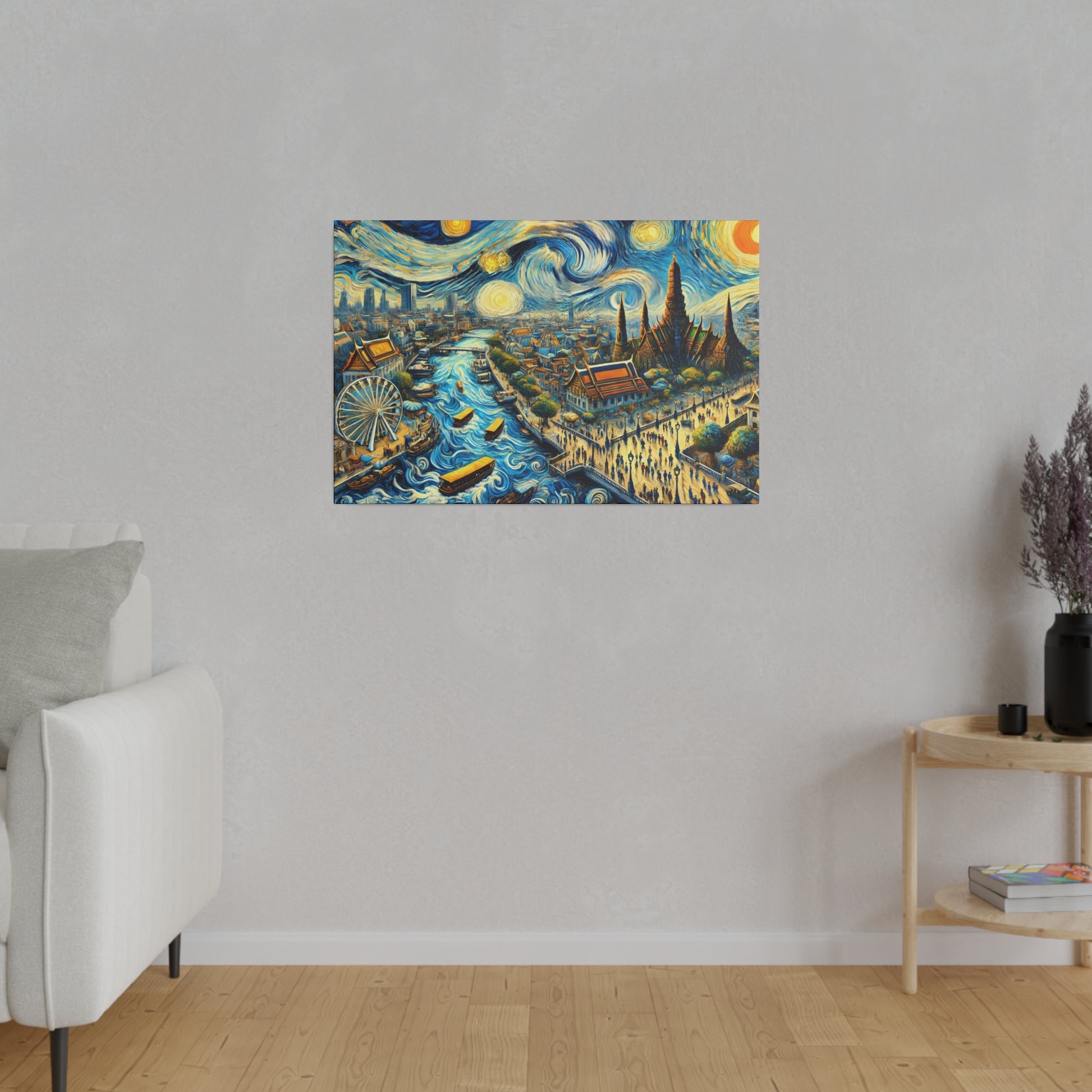 Colorful painting on a gray wall depicting a stylized city with a winding river, boats, a ferris wheel, and tall spire-like buildings.
