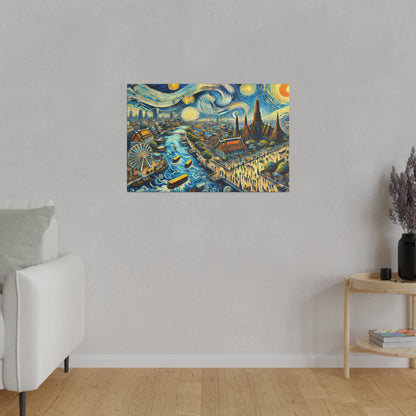 Colorful painting on a gray wall depicting a stylized city with a winding river, boats, a ferris wheel, and tall spire-like buildings.