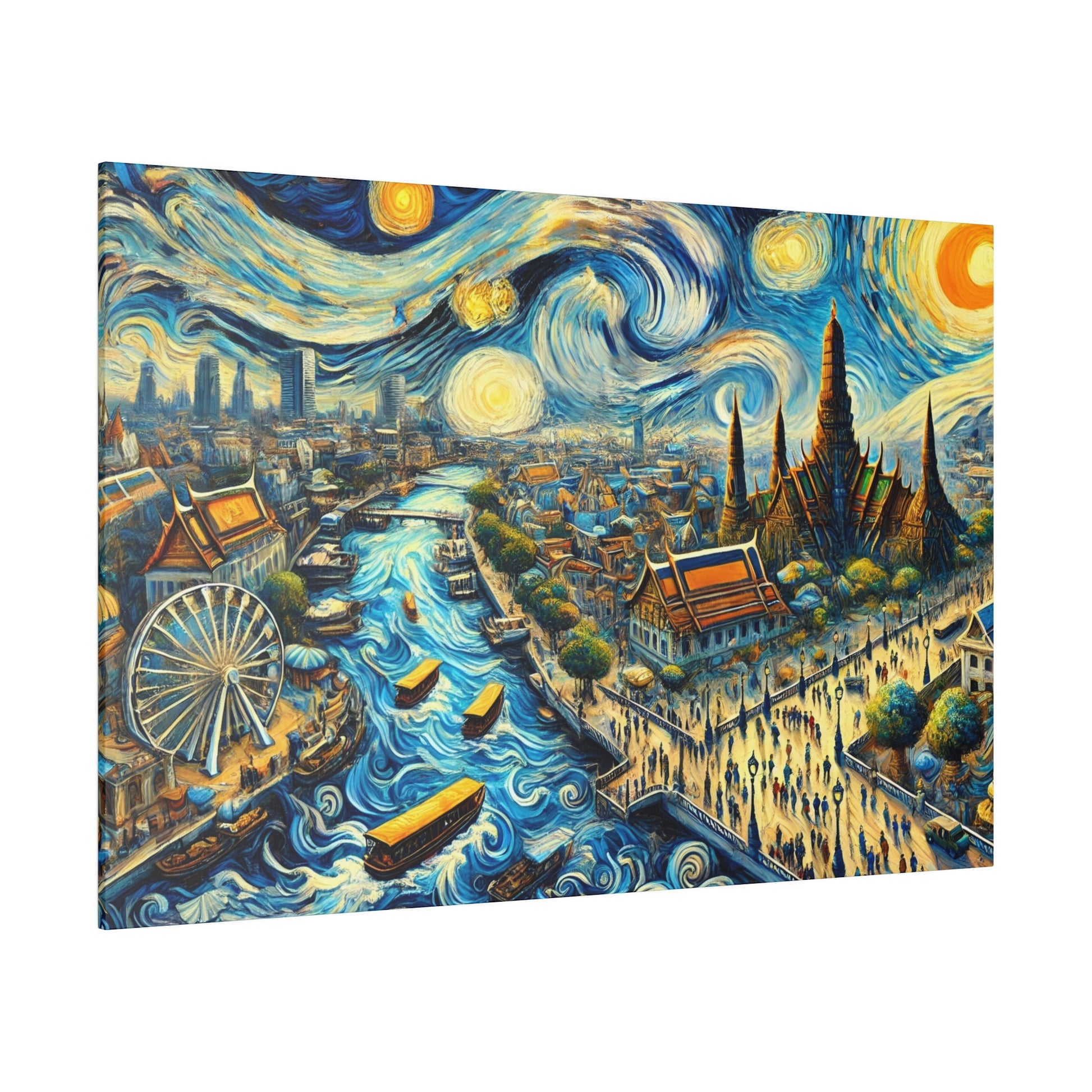 Colorful painting of a bustling city along a river with boats, ferris wheel, temples, and swirling night sky.