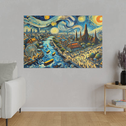 Colorful painting of a cityscape with a winding river, boats, a ferris wheel, and a swirling blue-yellow sky.