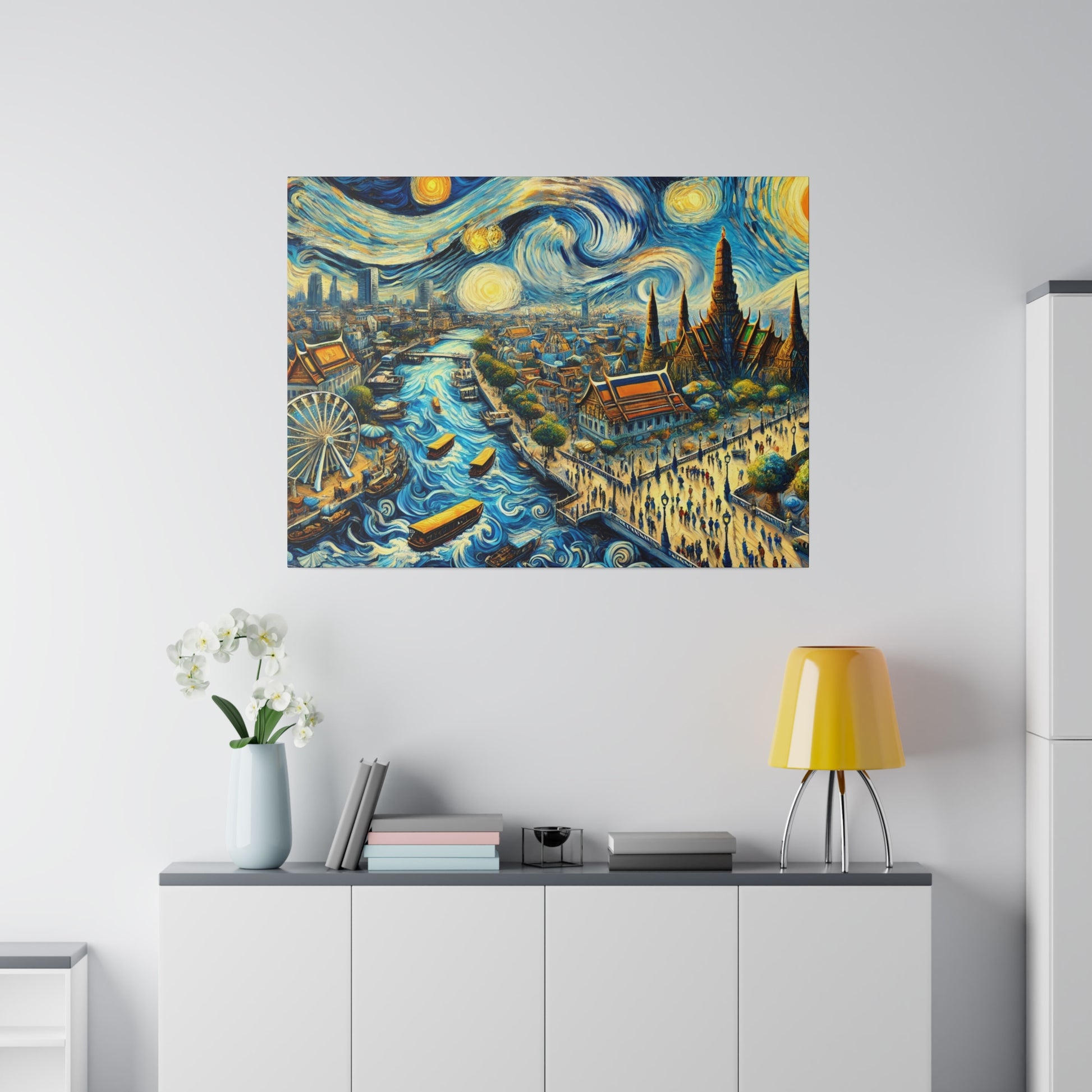 Vibrant painting of a busy river city with boats, a ferris wheel, temples, and a swirling night-sky backdrop.