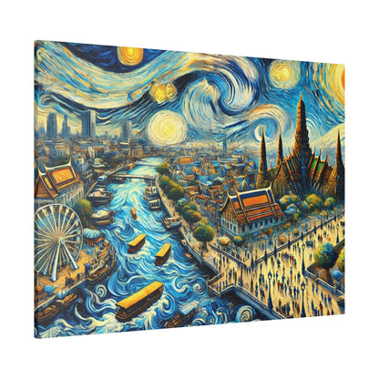 Vibrant, swirling cityscape painting with a blue river, boats, and golden-lit buildings beneath a starry, swirling sky.