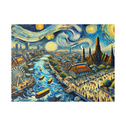 Colorful painting of a bustling riverside city with boats on a swirling blue river under a starry, vortex-like sky.