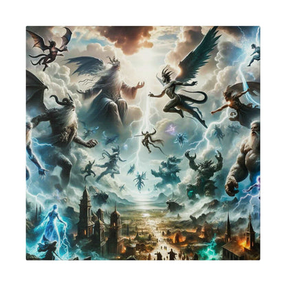 Epic mythological canvas art depicting winged gods and armored warriors clashing in a stormy sky above a burning city.