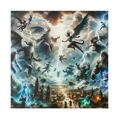 Epic mythological canvas art showing gods, angels, and winged beings clashing in a stormy sky over a ruined city.