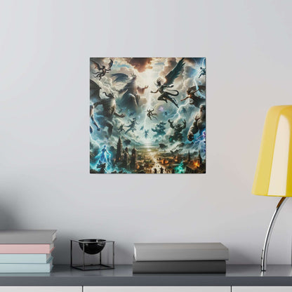 Square canvas print depicting a mythological battle with gods, angels, and demons amid lightning over a city.