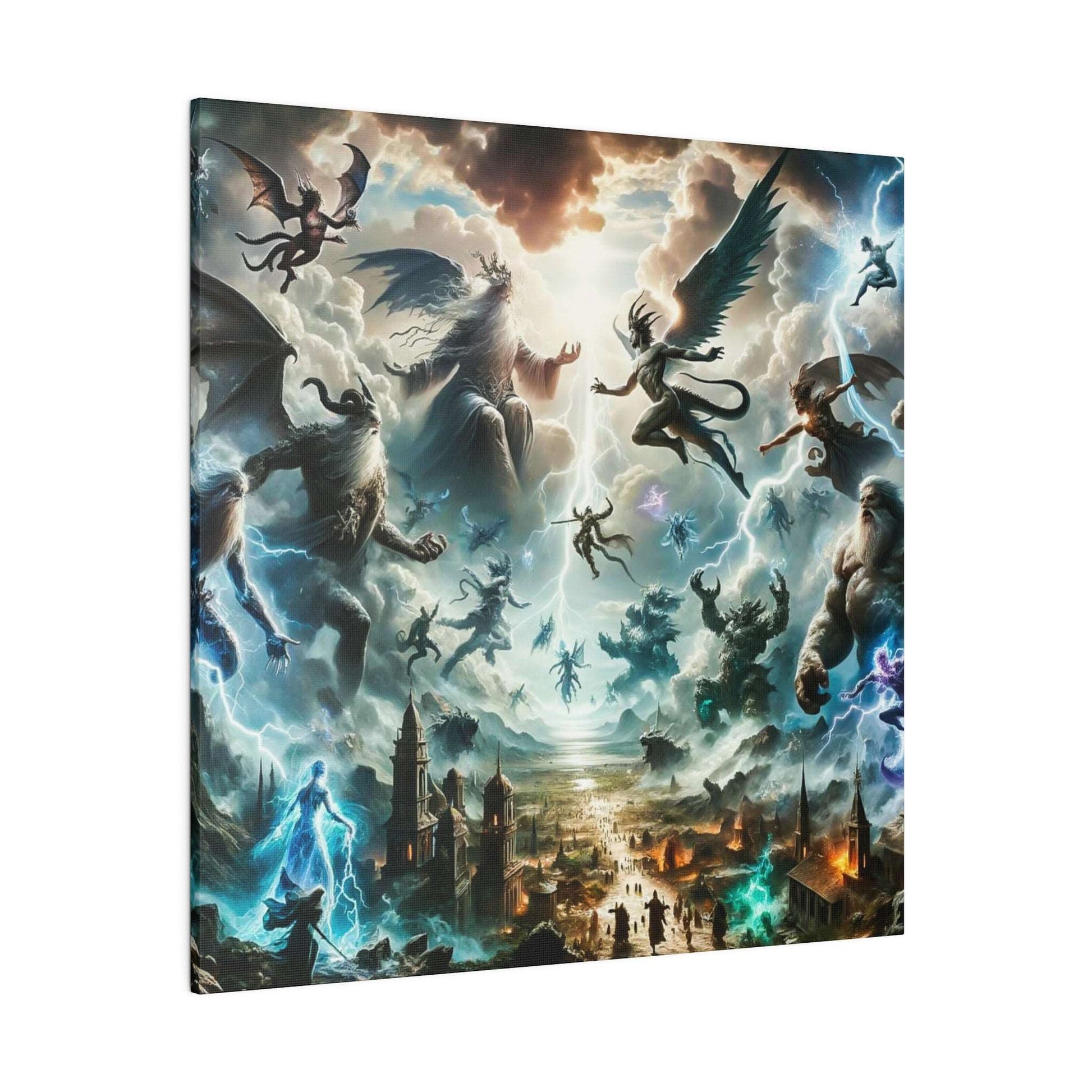 Epic fantasy canvas showing a colossal sky battle among gods, angels, and monsters over a ruined city.