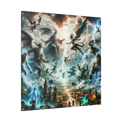 Epic fantasy canvas showing a colossal sky battle among gods, angels, and monsters over a ruined city.